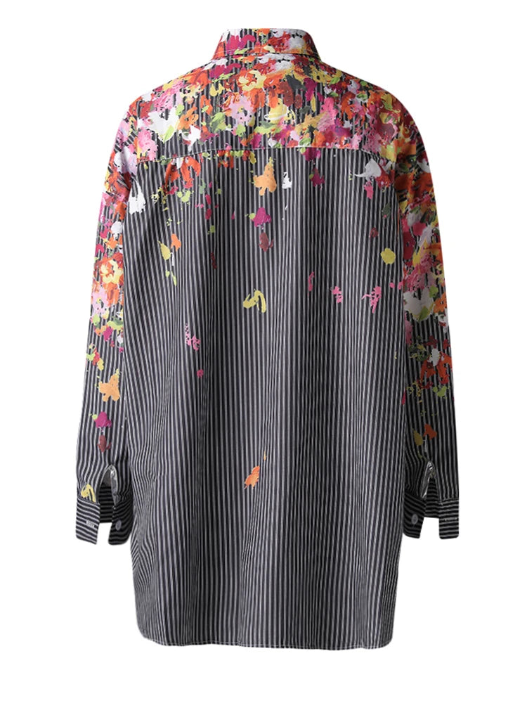 Women Black Striped Pattern Printed Big Size Blouse New Lapel Long Sleeve Shirt Fashion Tide Spring Autumn 2025 29L9965
