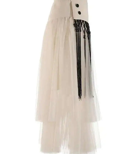 High Waist Apricot Irregular Mesh Long Elegant Tassels Half-body Skirt Women Fashion Tide New Spring Autumn 2025 1DF1950