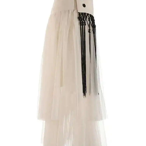 Load image into Gallery viewer, High Waist Apricot Irregular Mesh Long Elegant Tassels Half-body Skirt Women Fashion Tide New Spring Autumn 2025 1DF1950
