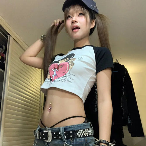 Load image into Gallery viewer, Japanese Y2k Anime Print Crop Top Trashy 2000s Graphic T Shirts Harajuku Short Sleeve Patchwork T-shirt Korean Popular
