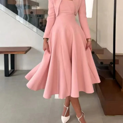 Load image into Gallery viewer, Solid Elegant Two Piece Sets for Women Round Neck Long Sleeves Top Square Neck Sleeveless Tunic Dress Female Clothes
