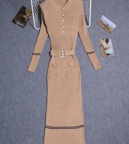 Women's Solid Patchwork Stripe V Neck Elegant Slim Long Sleeved Dress Spring Single Breasted Office Lady Knitted Dresses Fashion