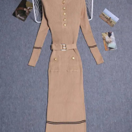 Load image into Gallery viewer, Women's Solid Patchwork Stripe V Neck Elegant Slim Long Sleeved Dress Spring Single Breasted Office Lady Knitted Dresses Fashion
