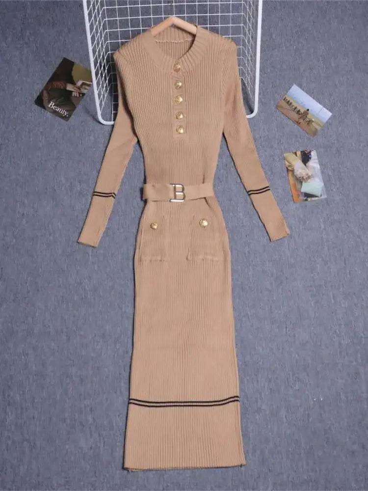 Women's Solid Patchwork Stripe V Neck Elegant Slim Long Sleeved Dress Spring Single Breasted Office Lady Knitted Dresses Fashion