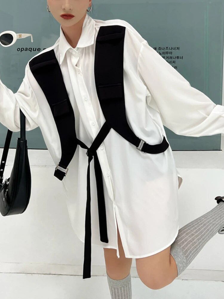 Colorblock Casual Loose Shirts For Women Lapel Long Sleeve Spliced Single Breasted Designer Blouses Female Fashion