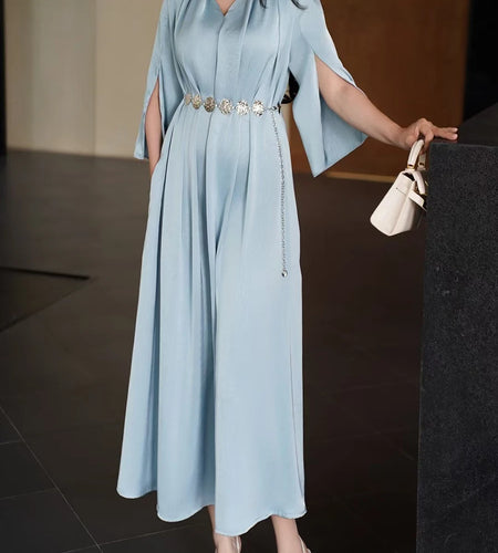 Solid Spliced Belt Loose Dresses For Women V Neck Short Sleeve High Waist Temperament Dress Female Fashion Style