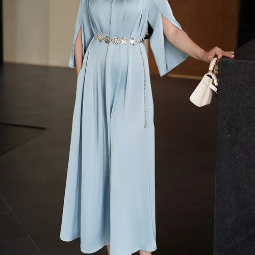 Load image into Gallery viewer, Solid Spliced Belt Loose Dresses For Women V Neck Short Sleeve High Waist Temperament Dress Female Fashion Style
