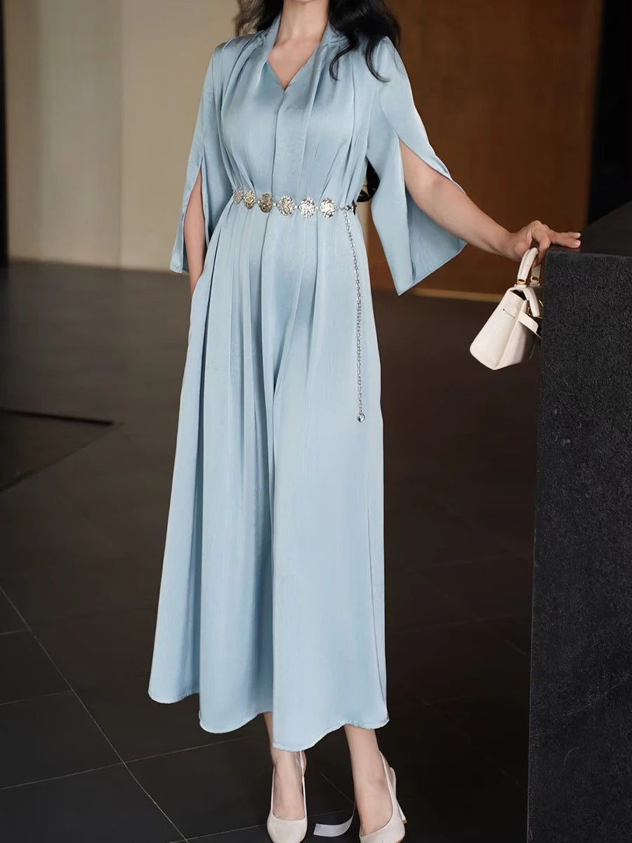 Solid Spliced Belt Loose Dresses For Women V Neck Short Sleeve High Waist Temperament Dress Female Fashion Style