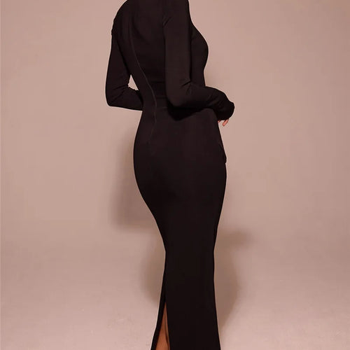 Load image into Gallery viewer, Black Long Sleeve Sexy Maxi Dress For Women Autumn Winter New O Neck Two Pocket Back Split Bodycon Long Dress Elegant
