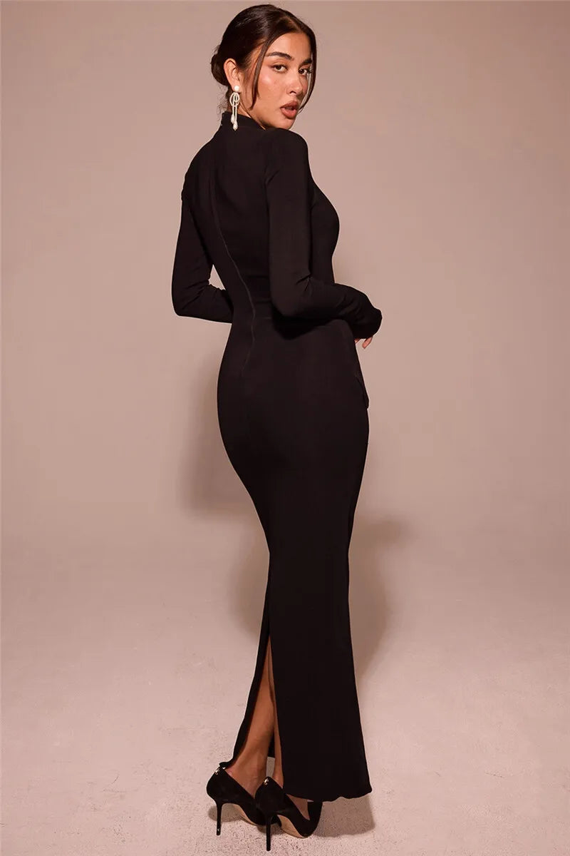 Black Long Sleeve Sexy Maxi Dress For Women Autumn Winter New O Neck Two Pocket Back Split Bodycon Long Dress Elegant