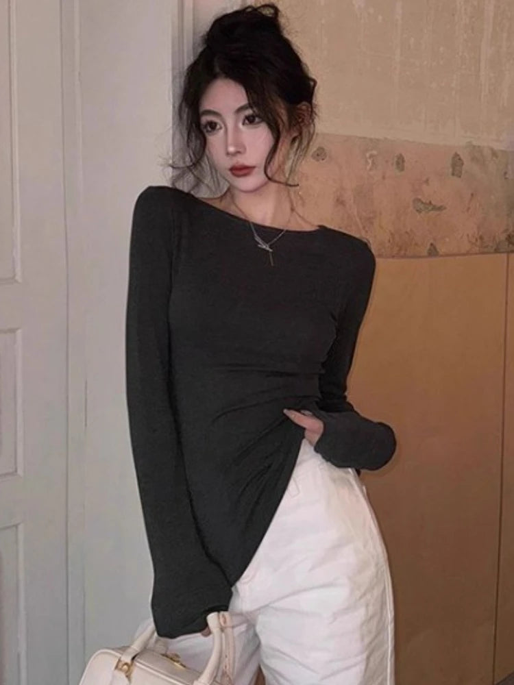 Korean Vintage Grunge Long Sleeve Tees Streetwear Trendy Sexy Casual Simple Women T-shirt Y2k Aesthetic All Match Slim Tshirts