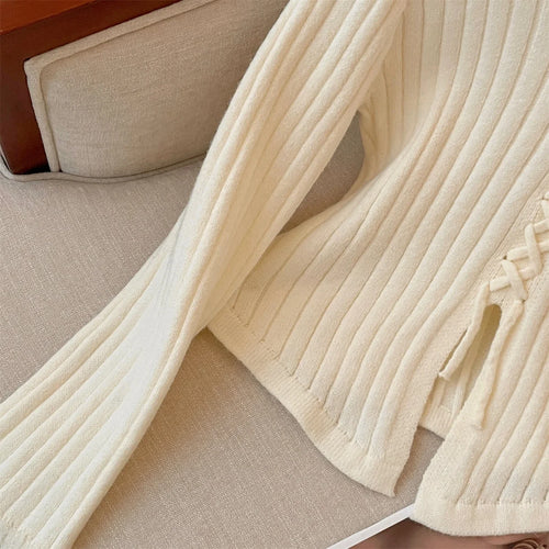 Load image into Gallery viewer, Korean Autumn Winter Grey Patchwork Elegant Pullover Short Sweater Women's 2024 New Beige Lace-up Long Sleeved Knitted Tops Chic
