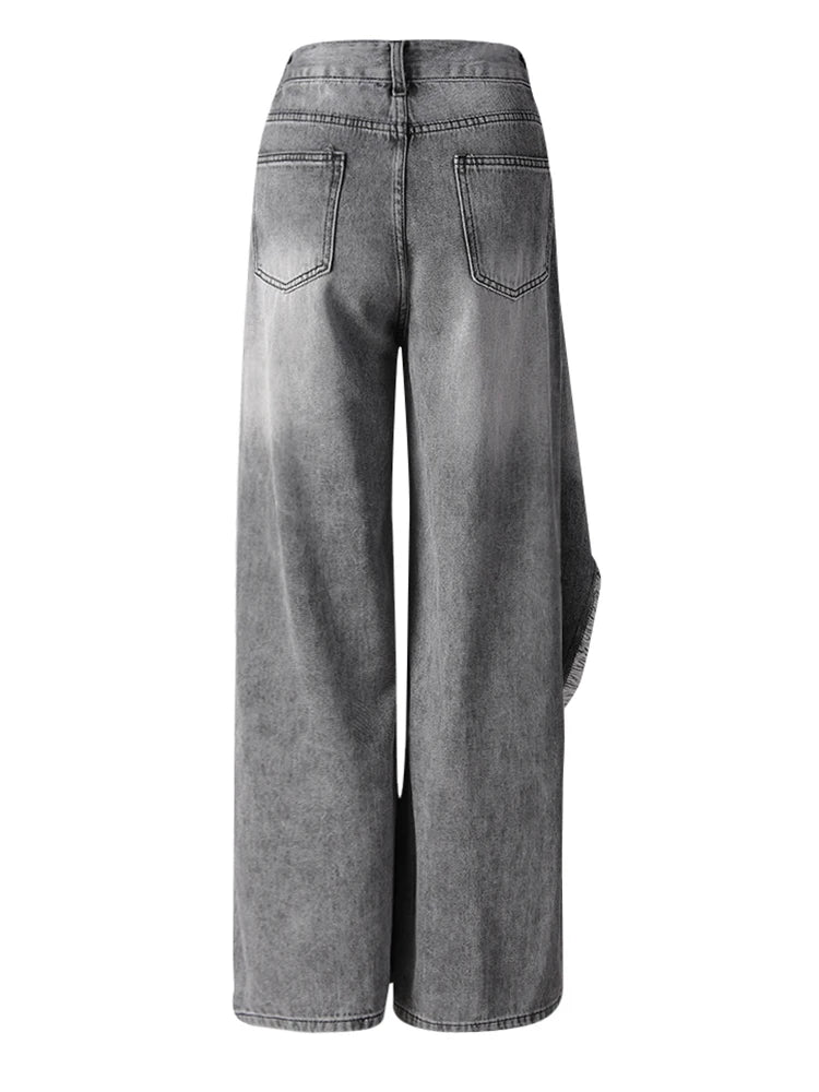 High Waist Light Gray Irregular Burr Denim Wide Leg Jeans New Women Trousers Fashion Tide Spring Autumn 2025 CPG3158