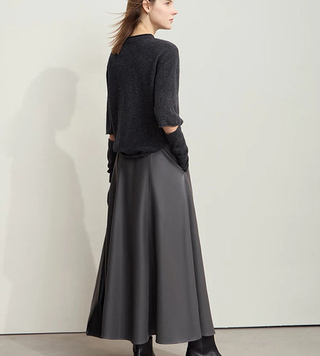 Minimalist Commuter Chic Skirt for Women 2024 Winter PU Elastic Waist Leather Multi-piece Patchwork Umbrella Skirt 12444168