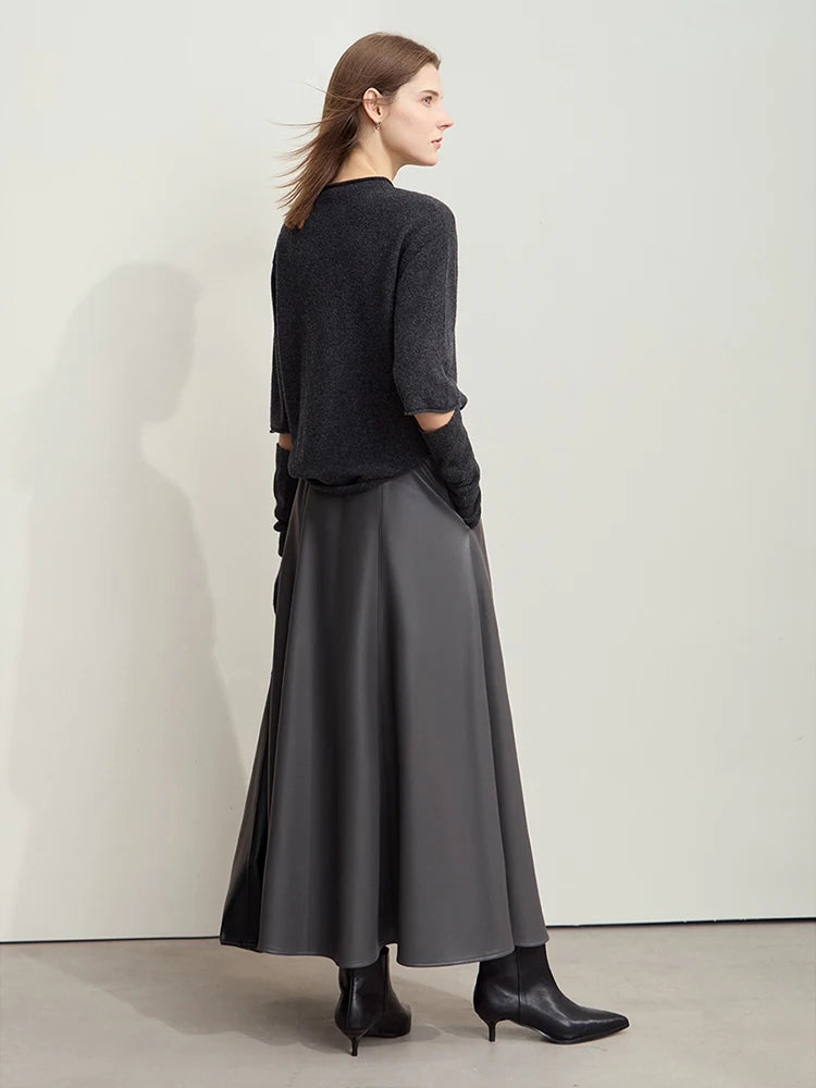 Minimalist Commuter Chic Skirt for Women 2024 Winter PU Elastic Waist Leather Multi-piece Patchwork Umbrella Skirt 12444168