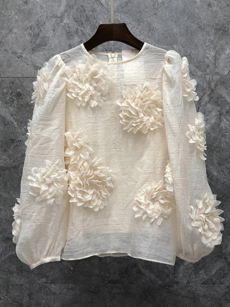 Loose Patchwork Floral Shirt For Women Round Neck Lantern Sleeve Solid Blouses Female Spring Clothes Style