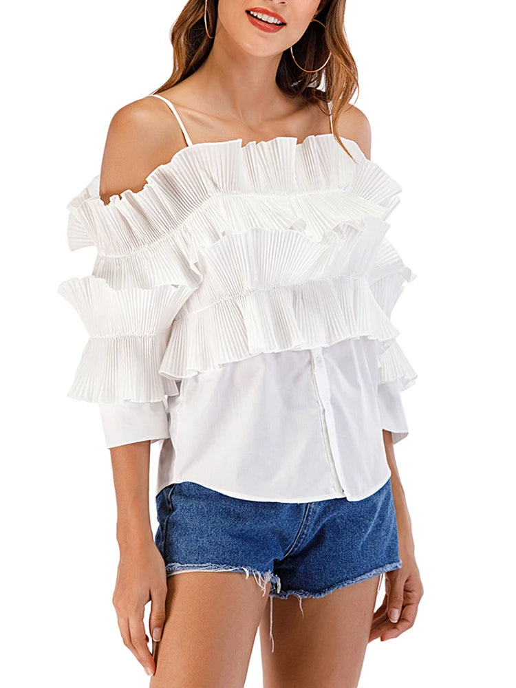 Folds Shirts For Women Slash Neck Flare Sleeve Patchwork Pullover Casula Spring Blouse Female Fashion Clothing