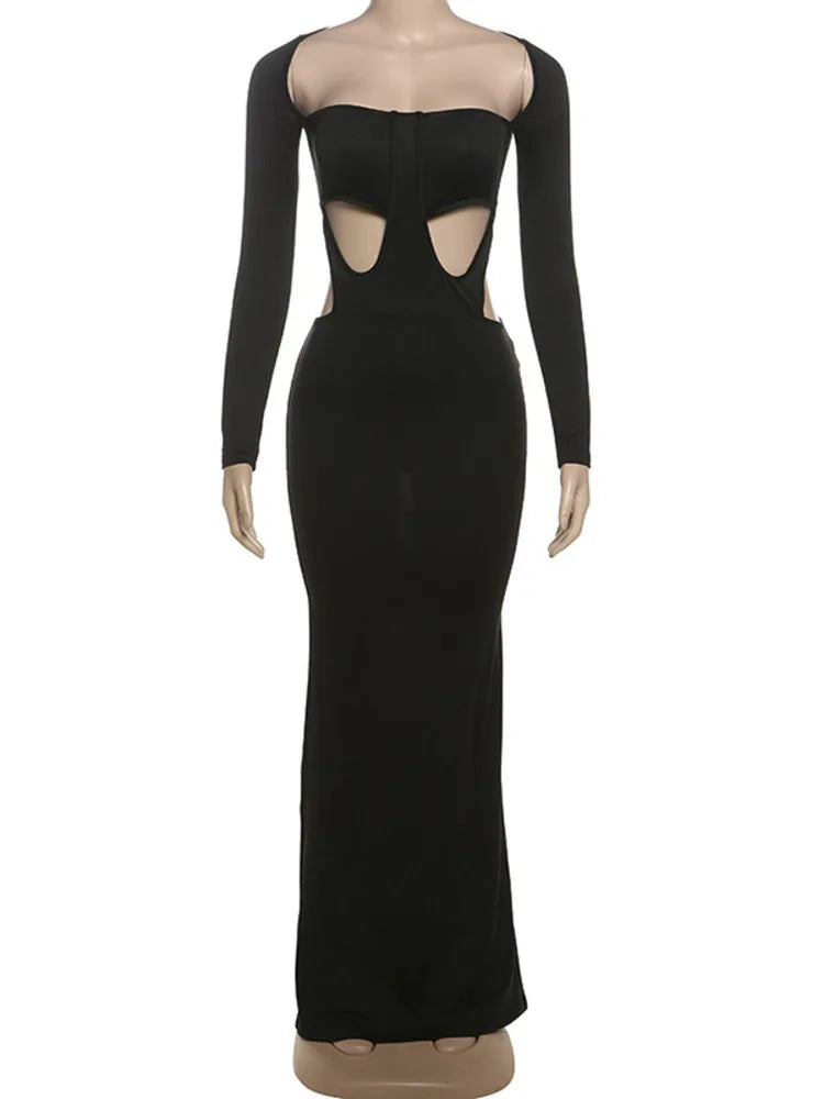 Sexy Hollow Out Long Sleeved Square Neck Bodycon Party Club Evening Dress Women 2025 Spring New Elegant Tight Vestido