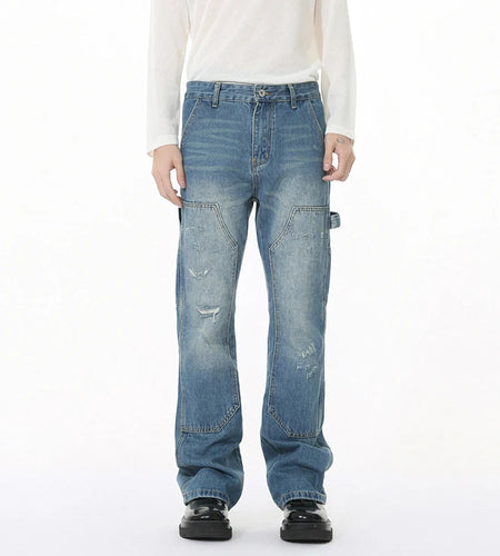 Korean Style Men's Denim Trousers Solid Color Menswear Patchwork Worn-out Mill White Straight Wide Leg Male Jeans 9W1264