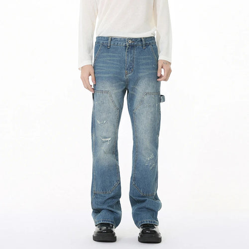 Load image into Gallery viewer, Korean Style Men's Denim Trousers Solid Color Menswear Patchwork Worn-out Mill White Straight Wide Leg Male Jeans 9W1264
