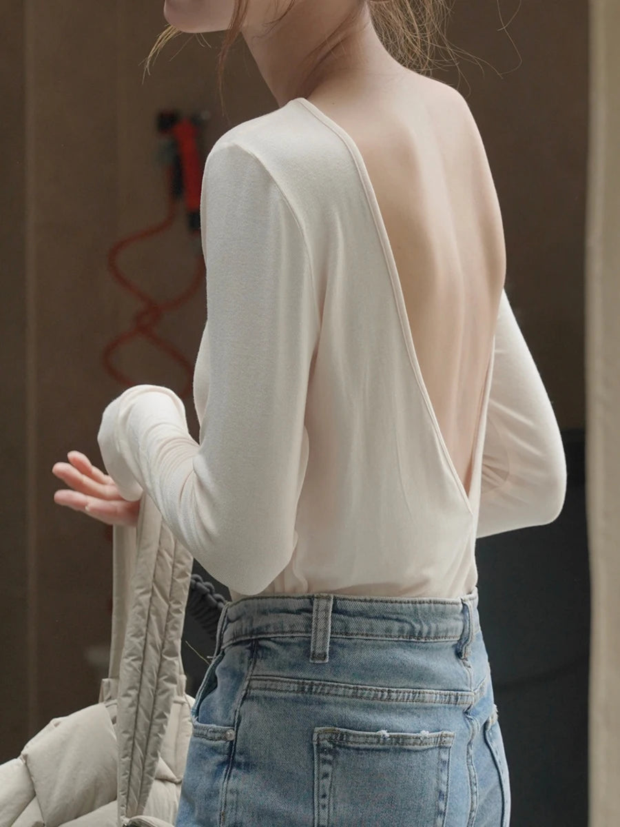 Women White Brief Backlesss Elegant Slim T-shirt New Round Neck Long Sleeve Fashion Tide Spring Summer 2025 1DJ1477