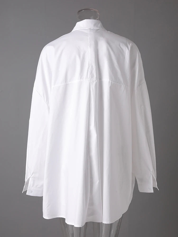 Women White Pocket Spliced Big Size Casual Blouse New Lapel Long Sleeve Shirt Fashion Tide Spring Autumn 2025 30A1910