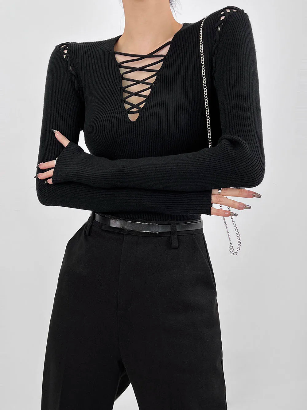 Sexy Lace Up Sweater Deep V Ribbed Knit Pullover Tops Women Black C-058