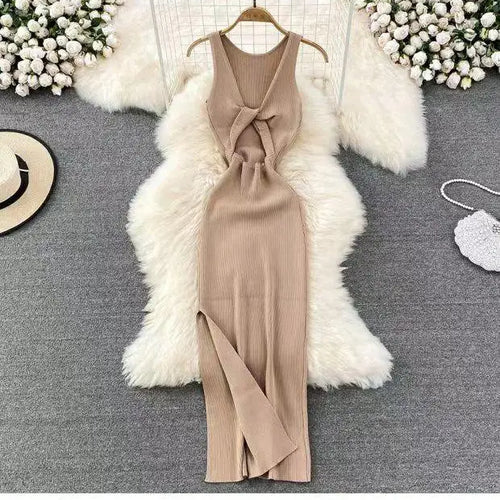 Load image into Gallery viewer, Fashion Women's Solid V Neck Elegant Sexy Club Slim Vest Long Dress Summer Vacation Backless Sleeveless Split Knitted Dress Chic

