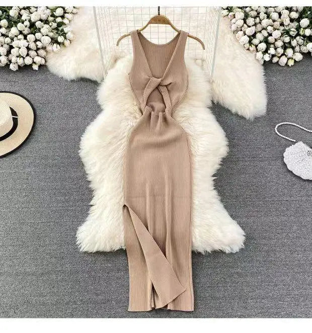 Fashion Women's Solid V Neck Elegant Sexy Club Slim Vest Long Dress Summer Vacation Backless Sleeveless Split Knitted Dress Chic