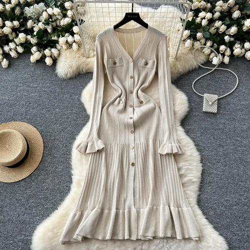 Load image into Gallery viewer, Autumn 2024 New Women Black White Single Breasted Slim Knitted Dress French Green Elegant V Neck Ruffles Long Sleeve Dress Trend
