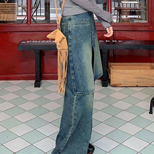 Load image into Gallery viewer, Fake Two Patchwork Skirt Denim Trouser For Women High Waist Spliced Pockets Loose Wide Leh Pants Female Fashion Style New
