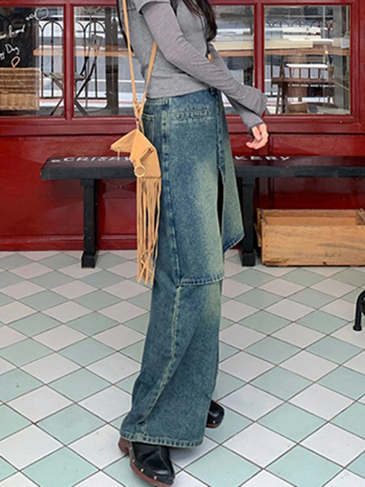 Fake Two Patchwork Skirt Denim Trouser For Women High Waist Spliced Pockets Loose Wide Leh Pants Female Fashion Style New