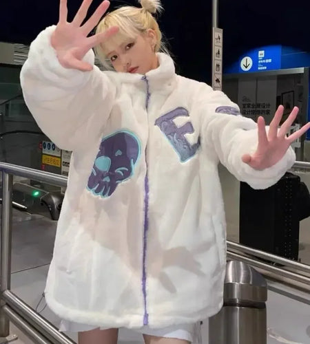 Korean Autumn Winter Women Y2k Jackets Coats 2025 Harajuku Lamb Woolen Coat Skull Embroidery Casual Loose Outwear