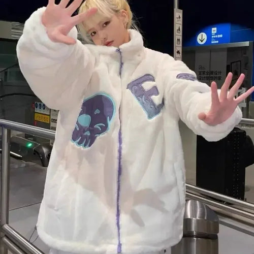 Load image into Gallery viewer, Korean Autumn Winter Women Y2k Jackets Coats 2025 Harajuku Lamb Woolen Coat Skull Embroidery Casual Loose Outwear
