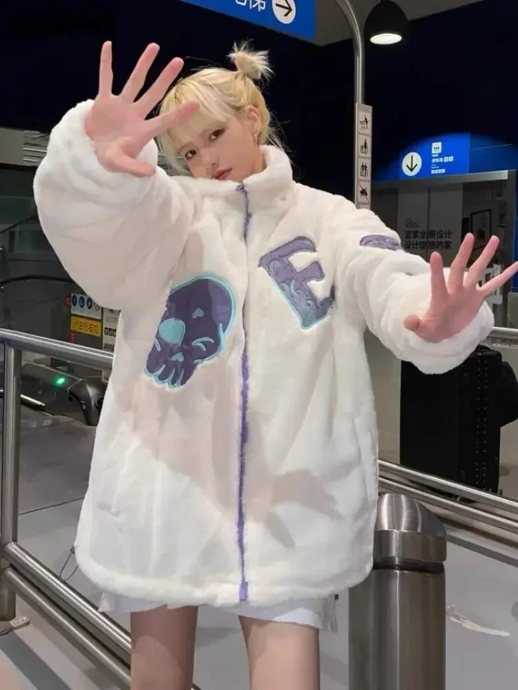 Korean Autumn Winter Women Y2k Jackets Coats 2025 Harajuku Lamb Woolen Coat Skull Embroidery Casual Loose Outwear