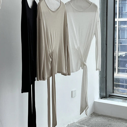 Load image into Gallery viewer, Women White Thin Bandge Perspective Big Size T-shirt New Round Neck Long Sleeve Fashion Tide Spring Autumn 2025 1DJ1303
