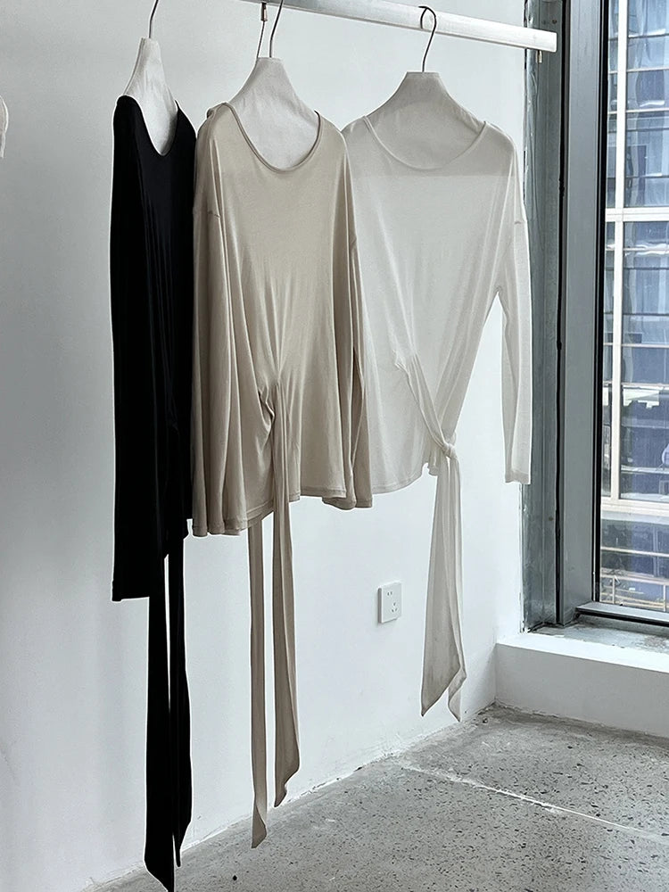 Women White Thin Bandge Perspective Big Size T-shirt New Round Neck Long Sleeve Fashion Tide Spring Autumn 2025 1DJ1303