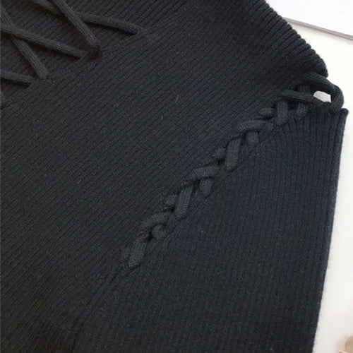 Load image into Gallery viewer, Sexy Lace Up Sweater Deep V Ribbed Knit Pullover Tops Women Black C-058
