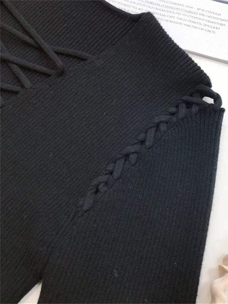 Sexy Lace Up Sweater Deep V Ribbed Knit Pullover Tops Women Black C-058