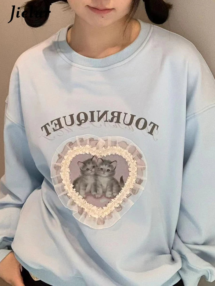 Solid Color Loose Simple Casual Female Hoodies Fashion Letter Printing Chic O-neck Pullovers Basic Women Hoodies Sky Blue