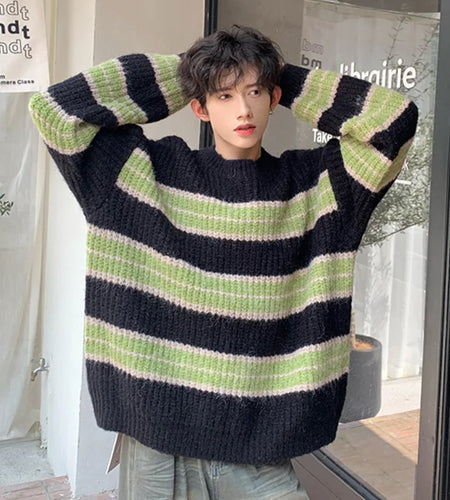 Striped Sweater Men Round Collar Loose knitted Fashion Trend Contrast Color Male Pullover Top 2024 Winter Korean 9C3682