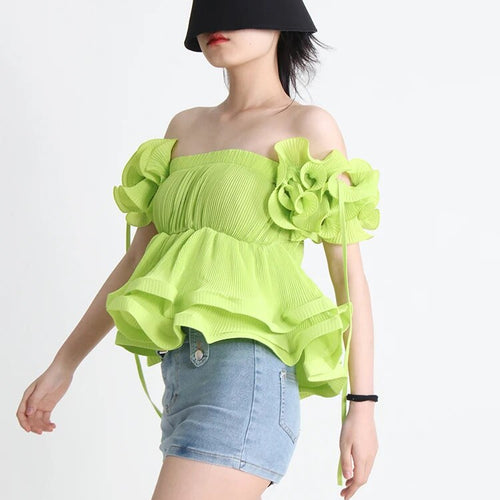 Load image into Gallery viewer, Folds Minimalist Shirts For Women Square Collar Short Sleeve  Off Shoulder Summer Solid Blouse Female Fashion
