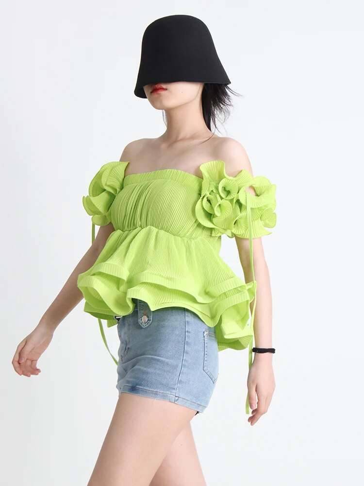 Folds Minimalist Shirts For Women Square Collar Short Sleeve  Off Shoulder Summer Solid Blouse Female Fashion