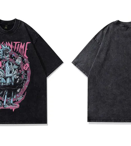 Vintage Tshirt Streetwear Hip Hop Japanese Zombie Anime Cartoon Graphic Print Washed T-Shirt Harajuku Punk Gothic Oversized Tops