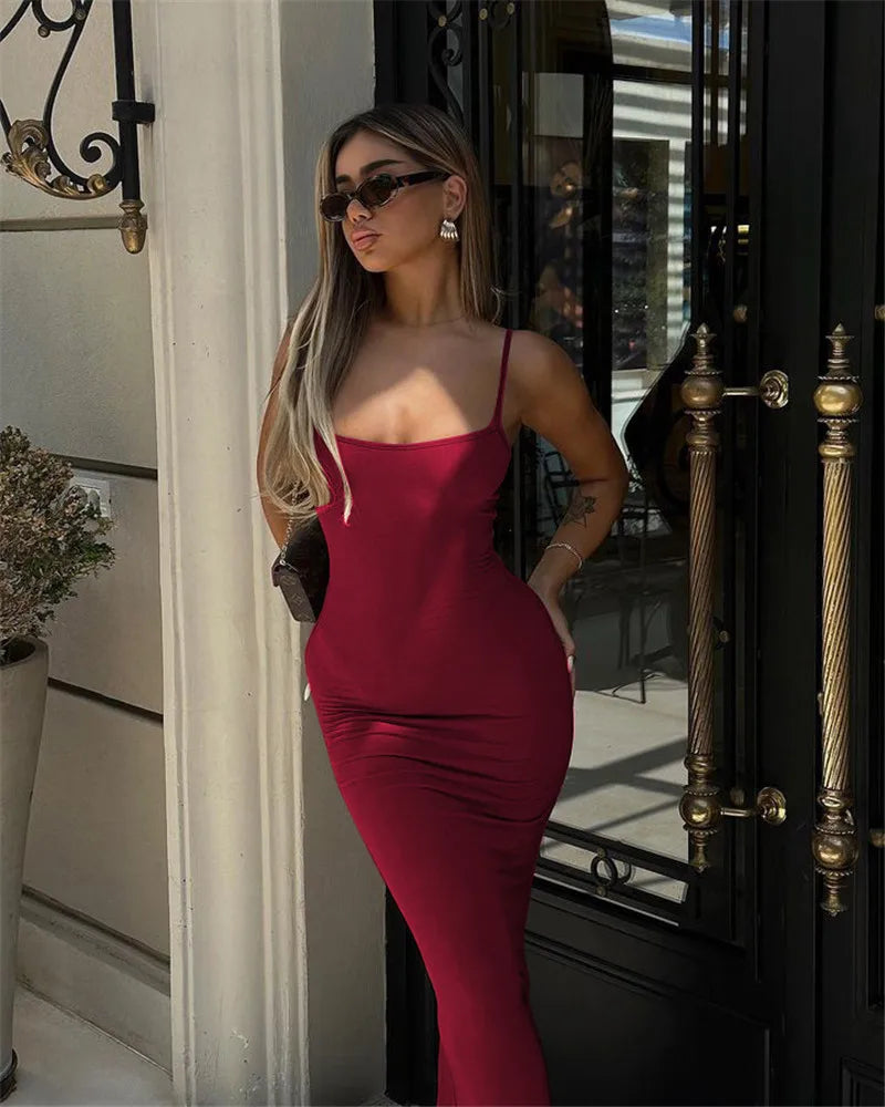 Spaghetti Strap Backless Bodycon Maxi Dress Women Autumn New Thickened Fabric Sleeveless Club Party Sexy Long Dress