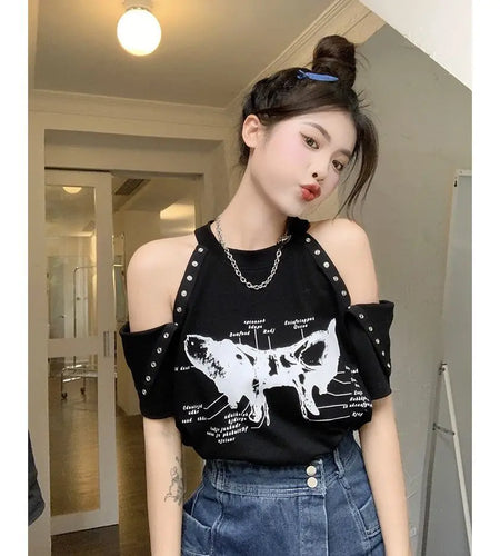 Oversized Y2k Tops Harajuku Tshirts for Women O-neck Off Shoulder Summer Tees Streetwear Casual Fashion T Shirt 2024 Ropa Mujer