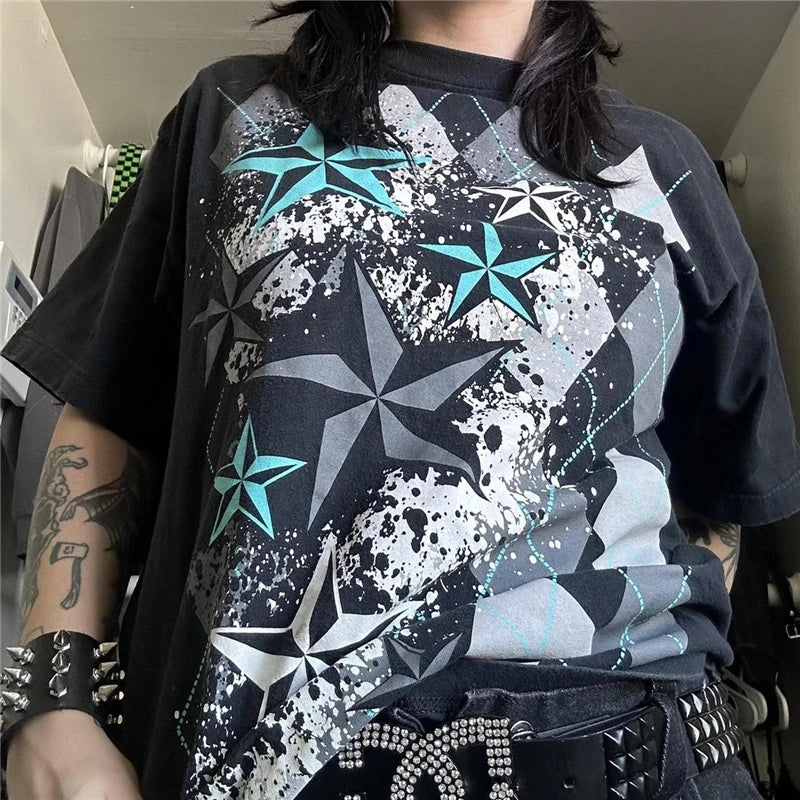 Gothic Punk T Shirt 2000s Women Graphic Print Round Neck Short Sleeve Tees Grungecore Clothing Cyber y2k Top Streetwear
