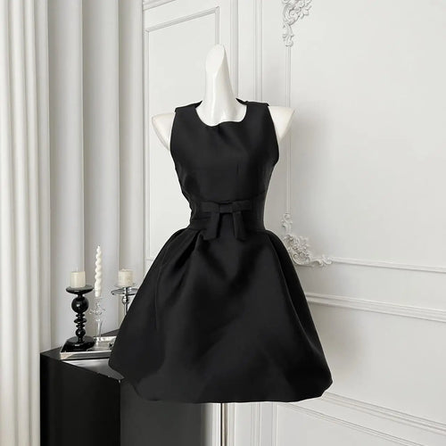 Load image into Gallery viewer, French 2025 Women Black Red Elegant Sleeveless Bow High Waist Short Vest Dress Summer Red Slim Holiday Birthday Party Mini Dress
