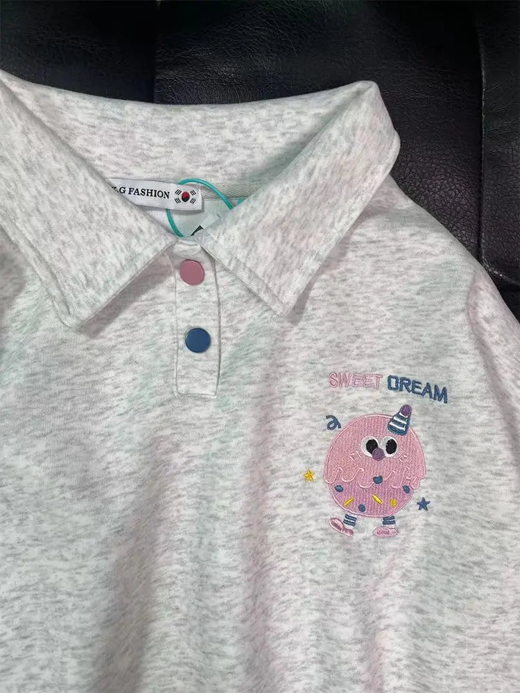 Korean Fashion 2024 Autumn Winter New Gray Letter Print Button Cotton Sweatshirt Women Long Sleeve Loose Pullover Tops Trend Y2k