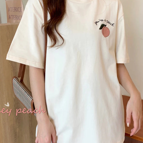 Load image into Gallery viewer, Loose Korean Style Summer T shirt Women Peach Embroidery Top Female Casual Short Sleeve Women&#39;s T-Shirts Apricot M-XL
